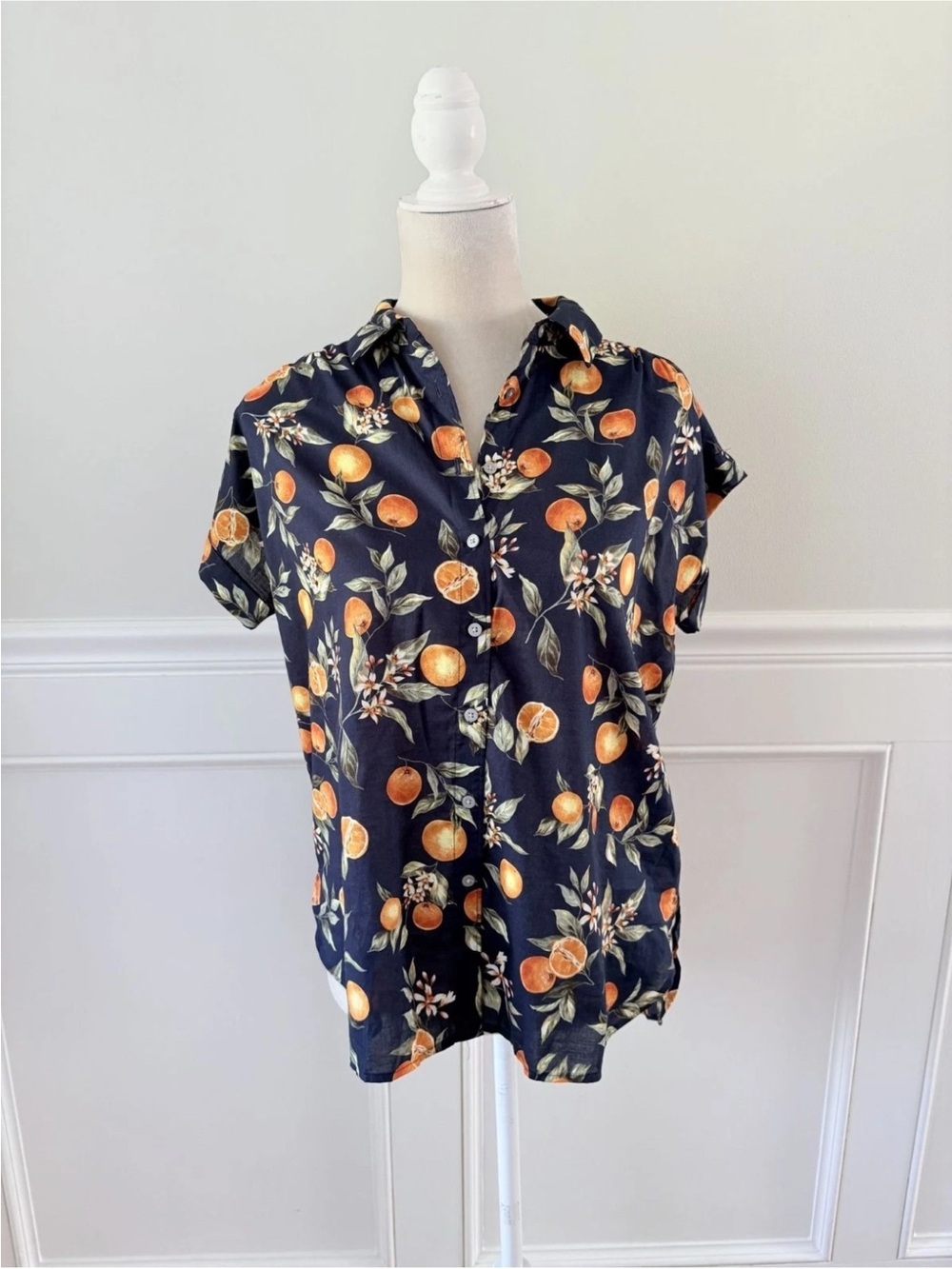 LOFT Navy Shirt with Orange Fruit & Green Leaf Print